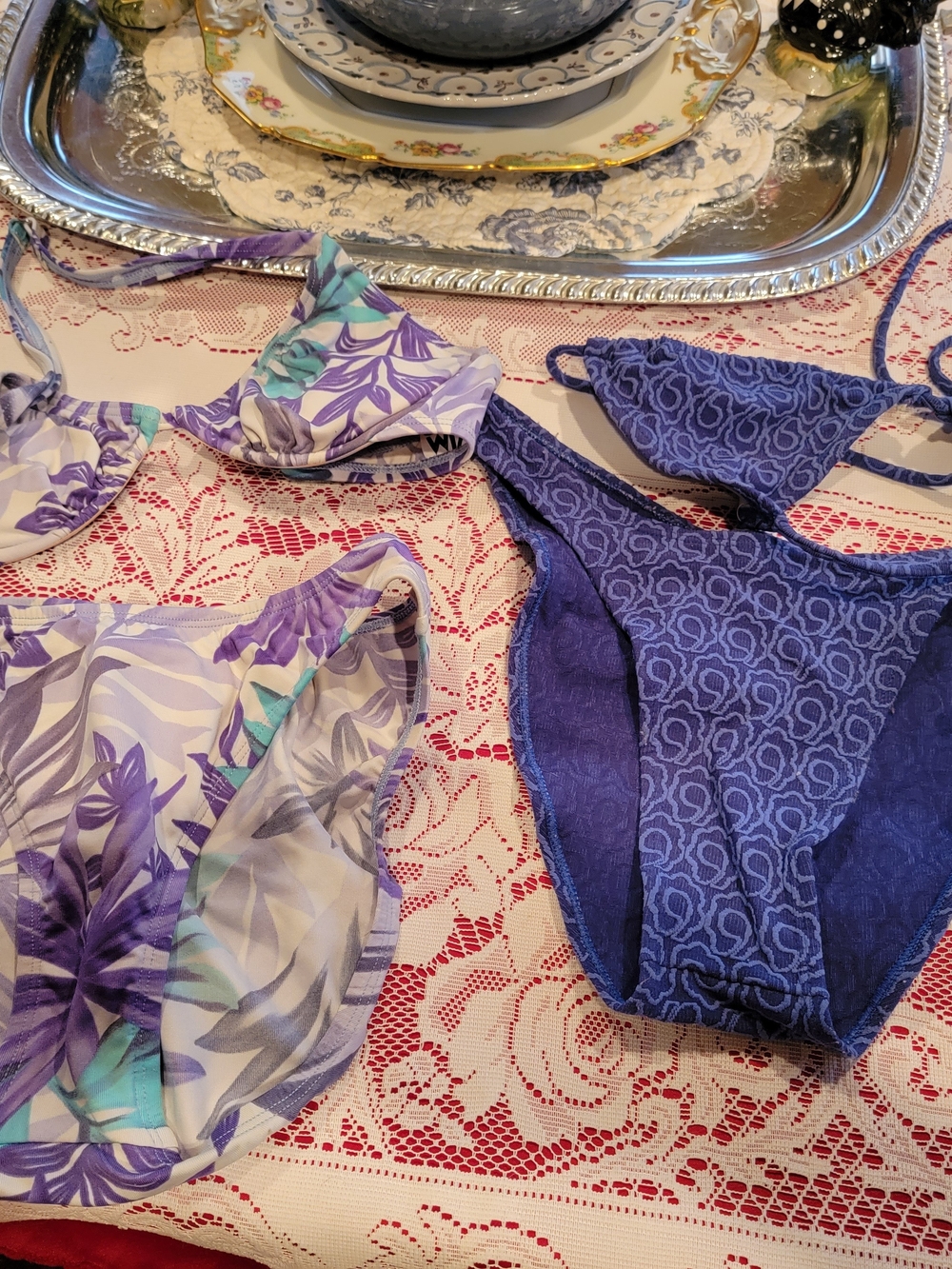 Women’s Purple Floral & Solid Blue 2-pice Bikini Bottoms Sets